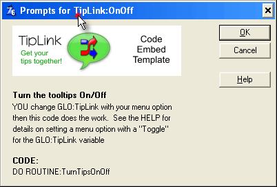 The TipLink code template for toggling tooltips On/Off